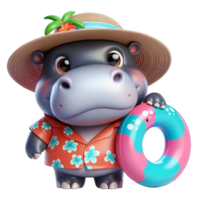 aigenerated hippo in a hat and swimsuit holding a life ring png