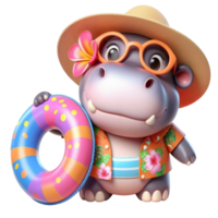 aigenerated hippo in a hat and swimsuit holding a life ring png