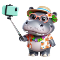 aigenerado hipopótamo en hawaiano camisa y sombrero tomando selfie con teléfono png