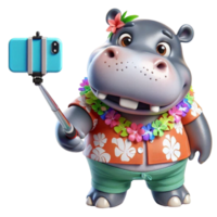 aigenerated hippo in hawaiian shirt and hat taking selfie with phone png