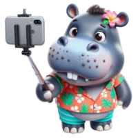 aigenerated hippo in hawaiian shirt and hat taking selfie with phone png