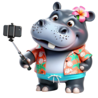 aigenerated hippo in hawaiian shirt and hat taking selfie with phone png