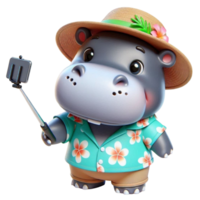 aigenerated hippo in hawaiian shirt and hat taking selfie with phone png