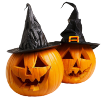 Two halloween pumpkins with witch hats on them on transparent background. png