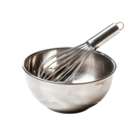 A metal bowl with a whisk in it on transparent background. png