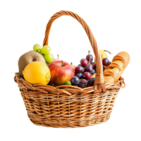 fruit basket with bread and fruit on transparent background. png