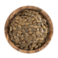 Pumpkin seeds in a wooden bowl on transparent background. png