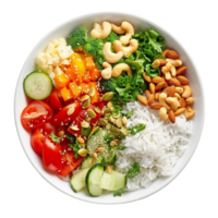 A bowl of rice, vegetables, and nuts on a white plate on transparent background. png