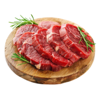 Raw beef steak on a wooden cutting board with rosemary sprigs on transparent background. png