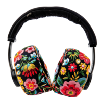 A pair of headphones with colorful flowers on them on transparent background. png