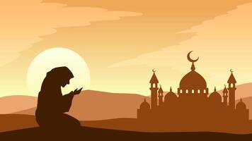 paisaje ilustración de musulmán Orando con mezquita silueta vector