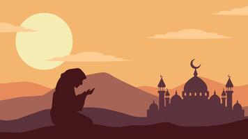 Landscape illustration of muslim praying with mosque silhouette vector