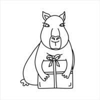 line illustration of a funny capybara with present box. vector