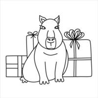 line illustration of a funny capybara with presents. vector