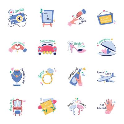 Collection of Flat Style Marriage Stickers
