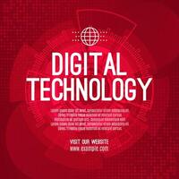 Digital technology social post banner sale template red background, abstract cyber information communication, innovation future tech data, internet network connection, Ai big data illustration vector