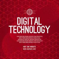 Digital technology social post banner sale template red background, abstract cyber information communication, innovation future tech data, internet network connection, Ai big data illustration vector