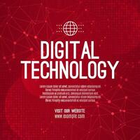 Digital technology social post banner sale template red background, abstract cyber information communication, innovation future tech data, internet network connection, Ai big data illustration vector