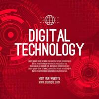 Digital technology social post banner sale template red background, abstract cyber information communication, innovation future tech data, internet network connection, Ai big data illustration vector