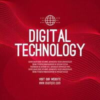 Digital technology social post banner sale template red background, abstract cyber information communication, innovation future tech data, internet network connection, Ai big data illustration vector