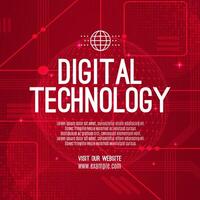 Digital technology social post banner sale template red background, abstract cyber information communication, innovation future tech data, internet network connection, Ai big data illustration vector