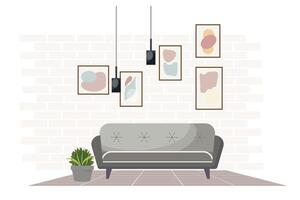 Pastel-colored living room illustration, grey couch, plant, framed pictures, decorative lamps vector