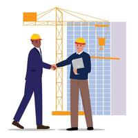 Two men shaking hands for a deal, black architect and white worker with a laptop, crane, and building vector