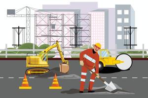 Construction site on the road with worker digging and machinery in the background vector