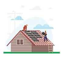 Two diligent workers wearing protective helmets are seen installing solar panels on a house roof vector