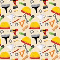 Connstruction-themed seamless pattern featuring helmets, tools, and nuts on yellow backdrop vector