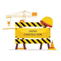 Construction site with 'Under Construction' banner, yellow helmet, cone, and crane in the background vector