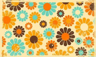 Vintage Retro Nostalgic 60s 70s Aesthetic Flower Pattern Background with Rough Spilled Ink Scratched Print Texture vector