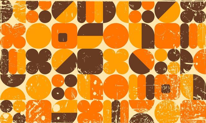 Vintage Retro Nostalgic 60s 70s Aesthetic Geometric Shapes Pattern Background with Rough Spilled Ink Scratched Print Texture