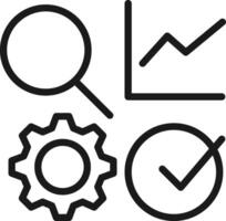 quality control process icon with magnifying glass, graph, gear, tick symbol. vector