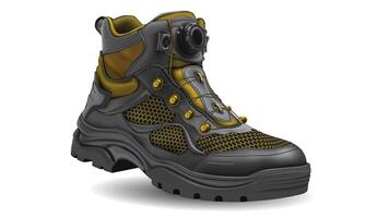 Realistic hiking shoe black leather rubber yellow fabric on white design for men vector