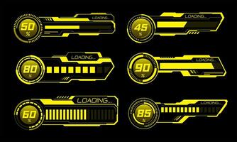 Set of HUD modern loading progress bars user interface elements design technology cyber yellow on black futuristic vector