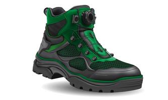 Realistic hiking shoe green leather black rubber fabric on white design for men vector