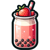 Colorful illustration of a strawberry bubble tea in a cute mason jar with boba pearls and a straw. Ideal for food and beverage themes. png