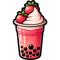 Colorful illustration of a strawberry bubble tea with whipped cream and tapioca pearls. Perfect for food and beverage designs png