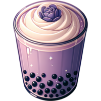 Exquisite purple boba tea with creamy topping and floral decoration, featuring black tapioca pearls in a stylish glass. png