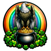 Eagle with pot of gold coins and clover on rainbow transparent background png