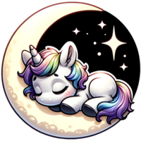 Adorable sleeping unicorn with rainbow mane resting on moon surrounded by stars. Perfect for children's bedtime themes png