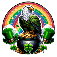 Eagle with pot of gold coins and clover on rainbow background illustration png