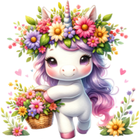 cute cartoon unicorn with a basket of flowers transparent background png