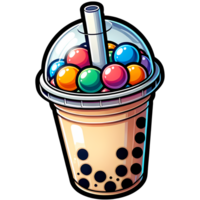 Colorful cartoon illustration of a bubble tea drink with tapioca pearls in a plastic cup and a straw. Vibrant and fun beverage artwork png