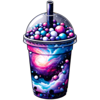 Colorful cosmic drink illustration with galaxy-themed design, filled with bubbles in a plastic cup. Perfect for creative projects png