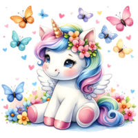 Cute cartoon unicorn with flowers, butterflies, and butterflies png