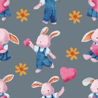 Cute Love Bunny Watercolor Seamless Pattern vector