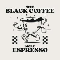Groovy Cartoon Black Coffee Character Vintage Style vector