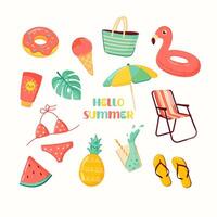 Summer set of cute elements, swimsuit, sun lounger, umbrella, swimming circle, fruit, ice cream, cocktail, sunscreen. Summer stickers set for daily planner, summer vacation vector